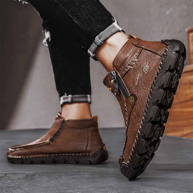 🔥Hot Save🔥 Men's Top-Quality Motorcycle Boots Hand-Stitched Genuine Leather Boots-Wide Toe, Waterproof, Anti-Slip, Anti-Sprain, Suitable for Work, Driving, Hiking