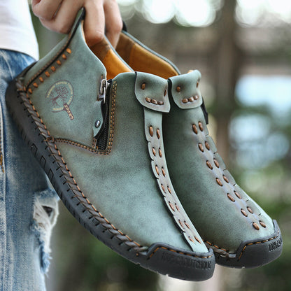 Men's new large size zipper outdoor leisure hand-sewn tooling boots