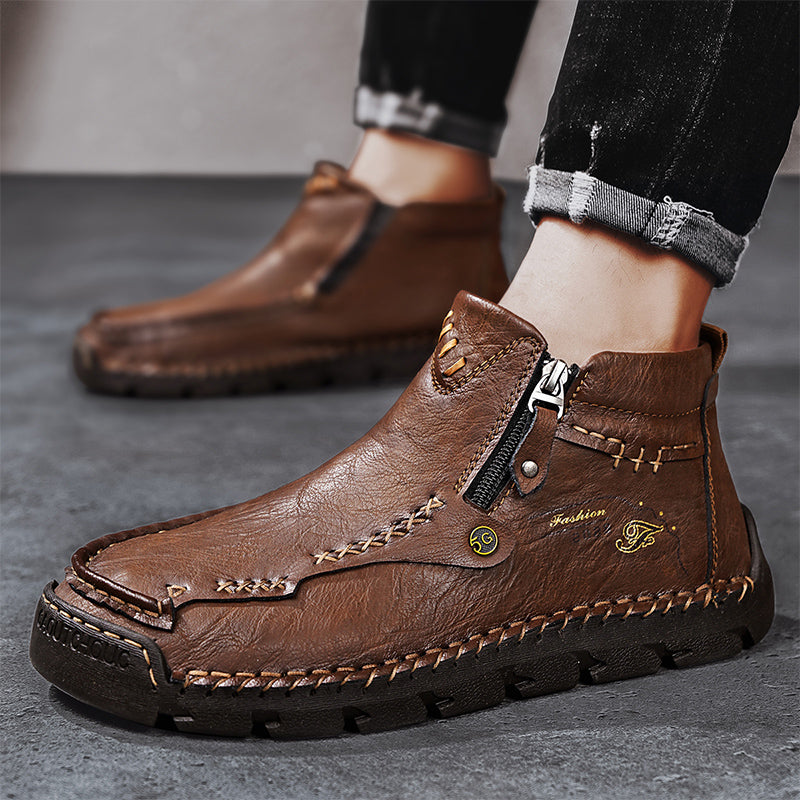 🔥Hot Save🔥 Men's Top-Quality Motorcycle Boots Hand-Stitched Genuine Leather Boots-Wide Toe, Waterproof, Anti-Slip, Anti-Sprain, Suitable for Work, Driving, Hiking